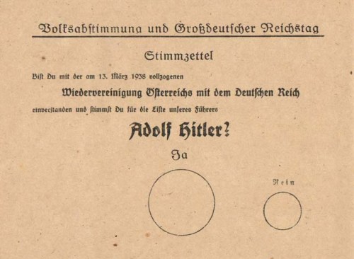 1938 Anschluss ballot, with oversize "Ja" and undersized "nein."