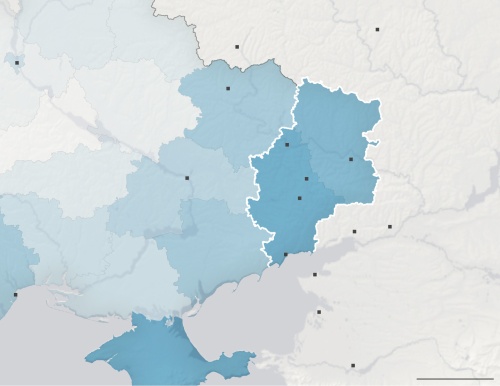 Blue means more Russian speakers, gray means fewer